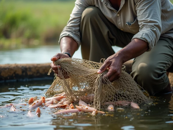 African farmer harvesting Nile tilapia fry from a breeding hapa net in a commercial pond