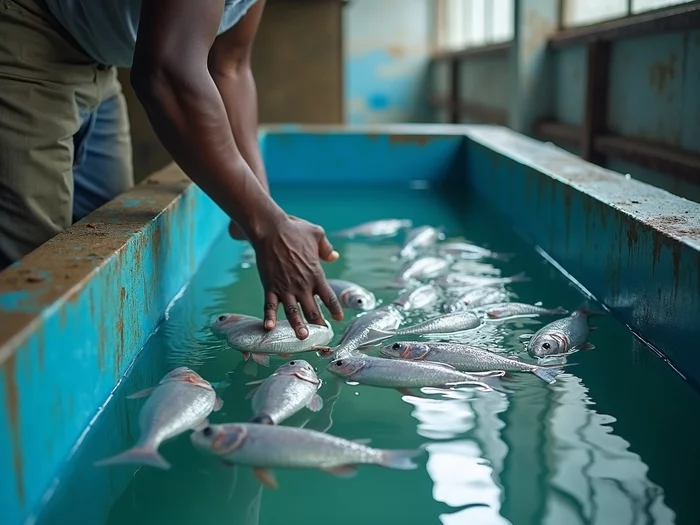 Farmer inspecting healthy Nile tilapia broodstock in a professional breeding tank