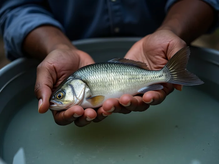 African farmer manually sexing tilapia fingerlings in a shallow examination tray