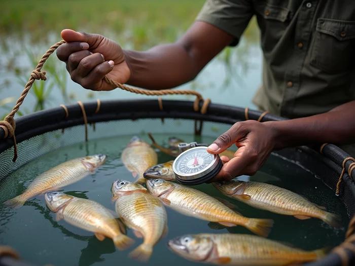 Farmer monitoring tilapia growth and health in a tank