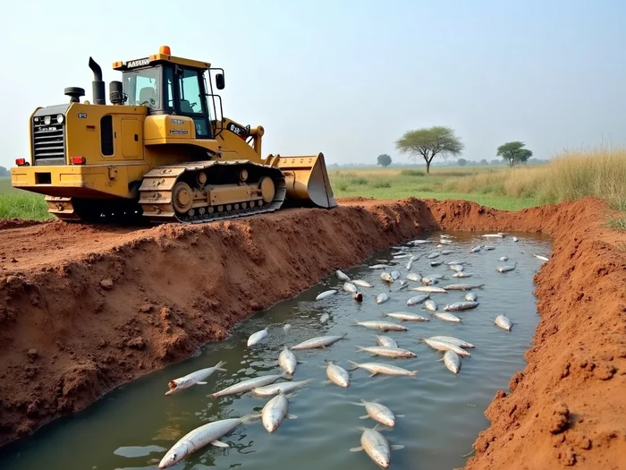 Heavy equipment excavating a new earthen tilapia pond in Africa