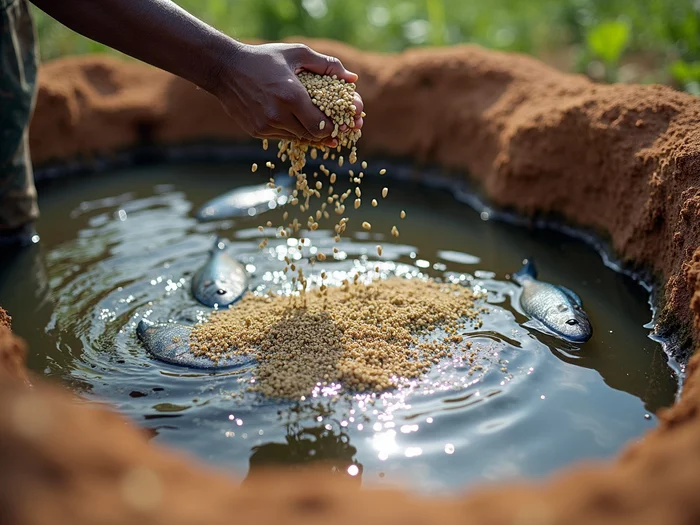 African farmer manually feeding tilapia in a commercial earthen pond
