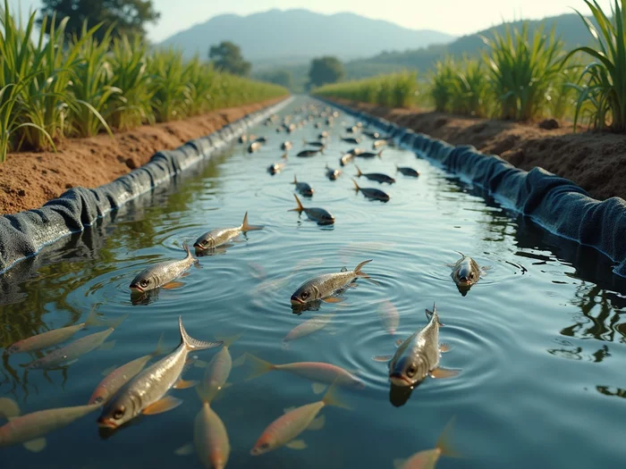 Commercial fish farming pond in Africa with Tilapia mariae, showing professional aquaculture setup