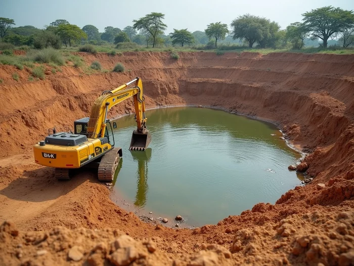 Heavy construction equipment excavating an earthen commercial tilapia pond in Africa