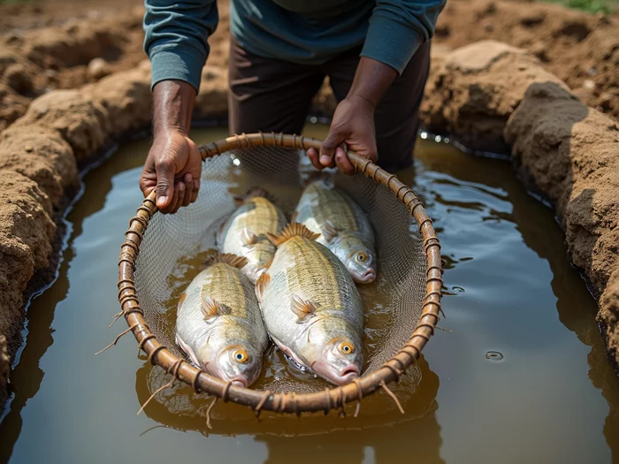 African farmer harvesting market-size Nile tilapia from a commercial pond