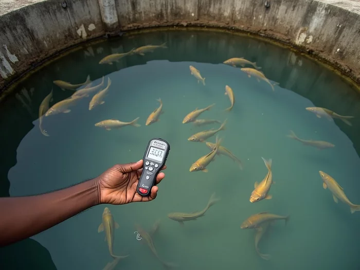 African farmer using a handheld water quality meter to test dissolved oxygen and pH in a commercial concrete tilapia pond, showing healthy tilapia swimming in clear water. No text, no words, no typography, no labels, clean image.