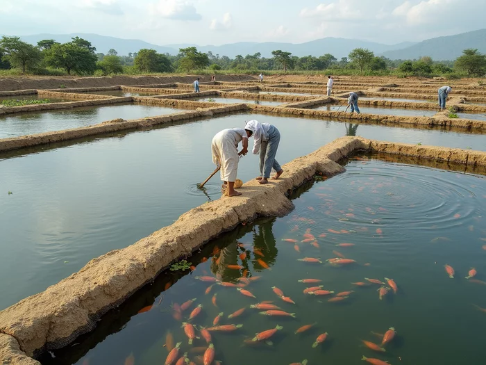 Commercial tilapia farm with multiple ponds and biosecurity measures