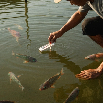 Tilapia farmer checking water quality in a fish pond, with healthy tilapia visible