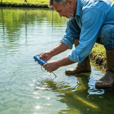 Farmer checking water quality with a dissolved oxygen meter in a tilapia pond, emphasizing routine pond management