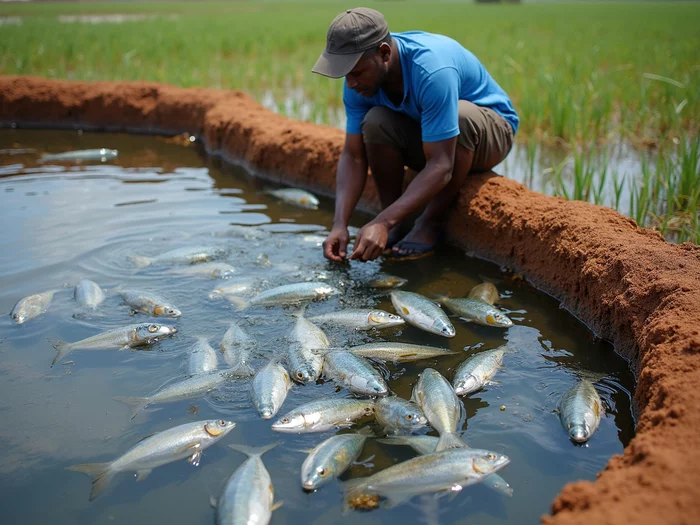 Commercial blue tilapia farm worker inspecting healthy blue tilapia in a large, well-maintained pond, professional aquaculture infrastructure, African farming context