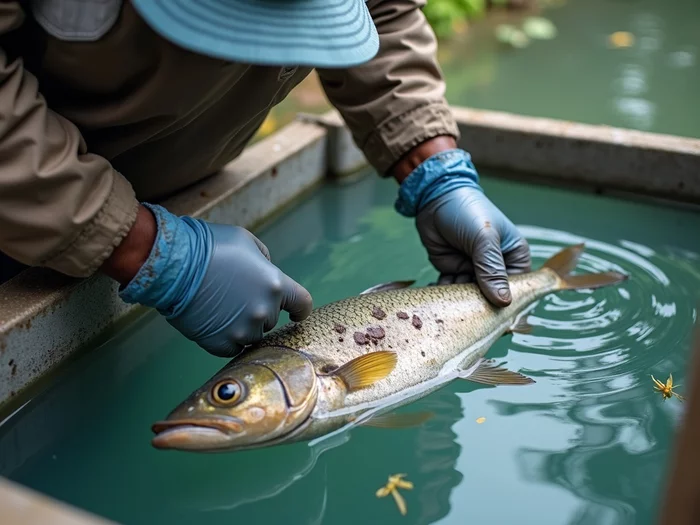 Tilapia farmer examining fish for parasites in a professional aquaculture setting