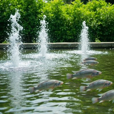 Tilapia swimming in a clean, aerated pond with visible air bubbles, clear water, focus on healthy fish and water quality