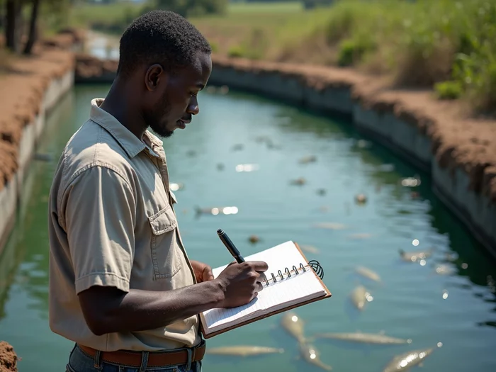 African tilapia farmer diligently reviewing a logbook with water quality and fish health records, standing beside a well-maintained commercial tilapia pond