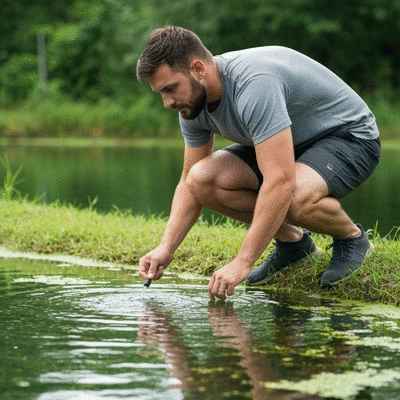 Farmer checking water quality in a tilapia pond for algae