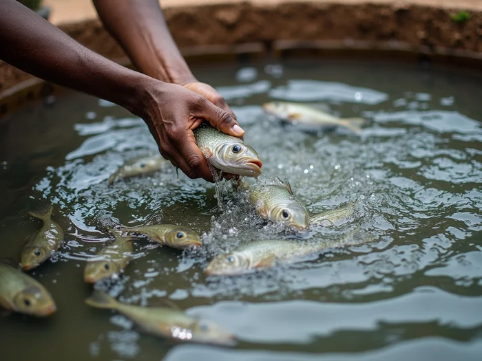 Farmer feeding tilapia in an outdoor pond