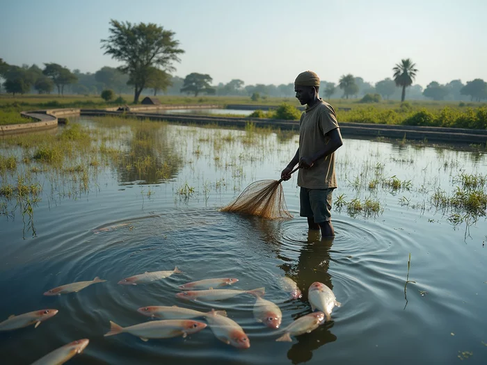 African farmer performing daily maintenance in tilapia pond