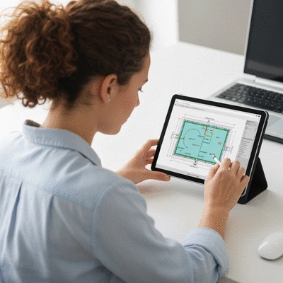Person using a tablet to plan tilapia pond design with a blueprint overlay