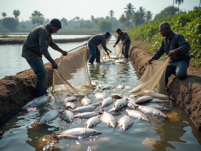 Workers using nets to harvest tilapia from a commercial pond