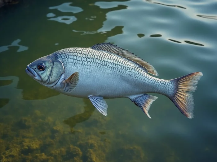 Nile tilapia in a clean, well-managed commercial earthen pond with aeration