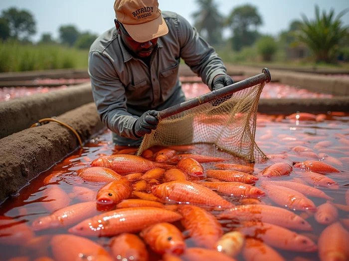 Professional African fish farmer inspecting red tilapia in a large commercial pond