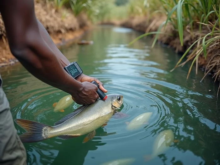 African farmer testing water quality in a commercial tilapia pond