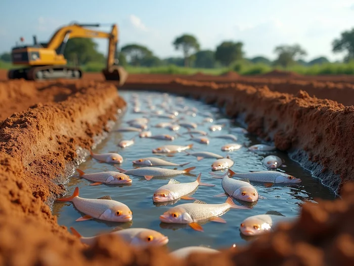 Commercial earthen tilapia pond under construction