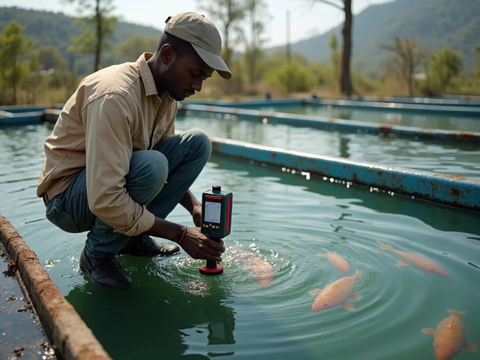 African farmer testing tilapia pond water with a portable kit