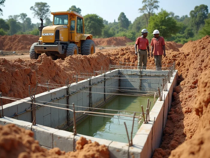 Workers constructing formwork for a concrete tilapia pond, showing rebar reinforcement and precise timber boards, with earthmoving equipment in the background. No text, no words, no typography, no labels, clean image.
