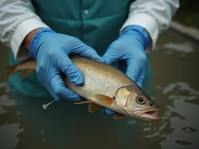 Close-up of a professional aquaculturist vaccinating a Nile tilapia fish by injection, showing careful handling and sterile conditions in a commercial tilapia farming operation, African farming context, no text, no words, no typography