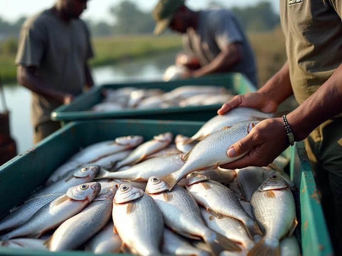 Worker sorting and icing freshly harvested tilapia