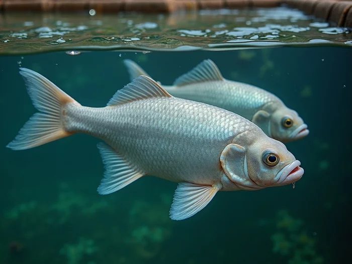 Tilapia fish swimming in a clear, well-managed commercial pond with visible aeration and healthy water quality