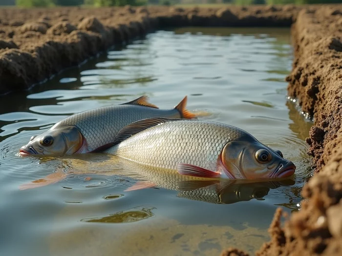 Commercial tilapia breeding pond with visible male tilapia building nests in substrate