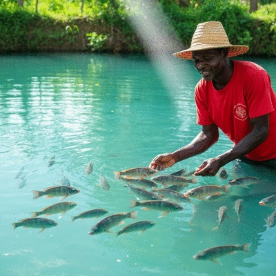 Tilapia farmer inspecting fish in a pond, with a focus on water quality
