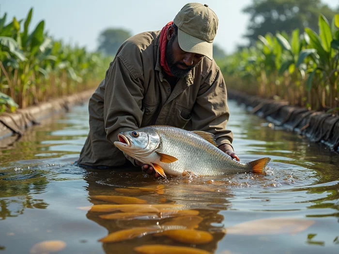 African farmer applying molasses to tilapia pond