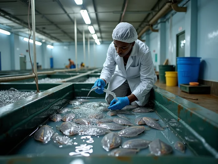 Commercial tilapia farm worker disinfecting equipment to prevent disease spread