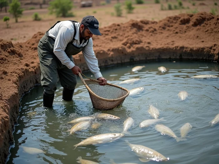 Tilapia farmer carefully netting fish for harvest from a large commercial pond