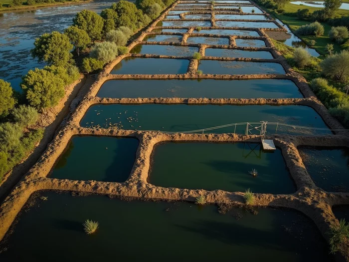 Aerial view of a well-organized commercial tilapia farm with multiple earthen ponds and drainage channels
