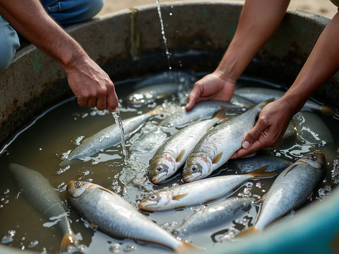 Healthy Nile tilapia being harvested from a clean concrete pond by African farmers, showing professional aquaculture practices and abundant fish. No text, no words, no typography, no labels, clean image.