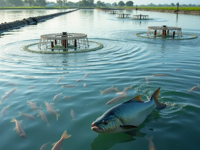 Commercial tilapia pond with aeration running