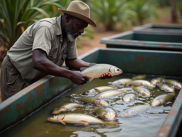 Farmer selecting healthy Nile tilapia broodstock from a tank