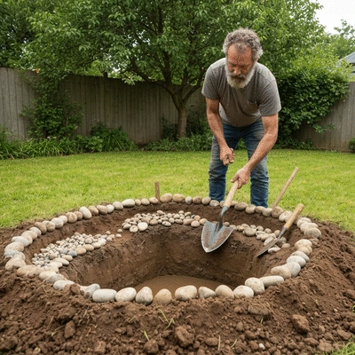 Person using hand tools to dig a small pond, focused on sustainable construction