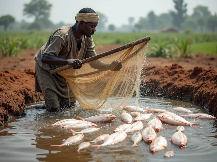 African farmer harvesting market-sized Nile tilapia from a commercial earthen pond using a seine net, professional aquaculture operation.