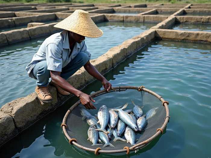 African farmer inspecting tilapia in a partitioned pond