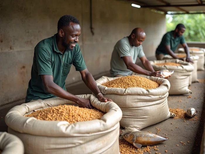 Farmer inspecting bags of local agricultural byproducts for tilapia feed, such as maize bran or groundnut cake