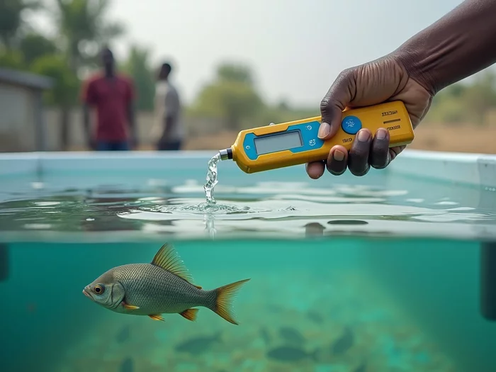 Farmer testing water quality in a commercial tilapia pond