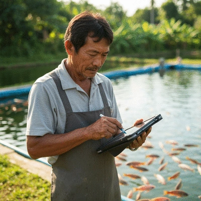 Tilapia farmer monitoring FCR data on a tablet, with a fish pond in the background