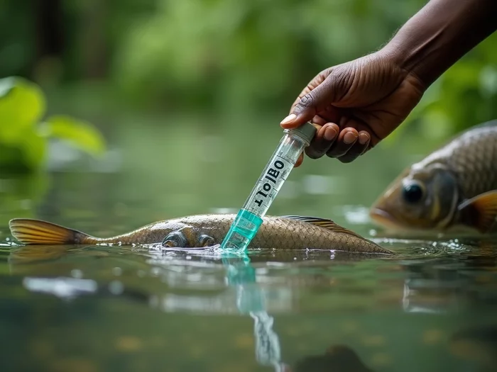 Tilapia farmer checking water quality parameters with test kit