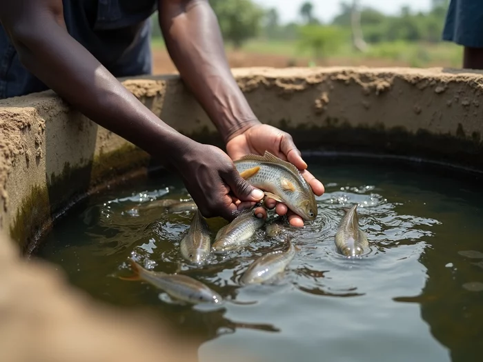 A farmer gently releasing sex-reversed Nile tilapia fingerlings into a well-prepared commercial concrete pond, showing healthy, uniform fingerlings and clear pond water