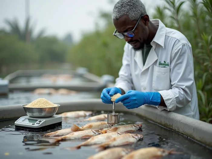 African farmer precisely measuring medication for tilapia treatment, with a scale and medicated feed visible in a clean, professional commercial tilapia farming setting, no text, no words, no typography