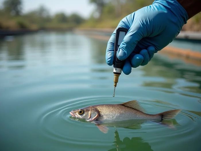 Professional using water testing kit to monitor chemical levels in a tilapia pond